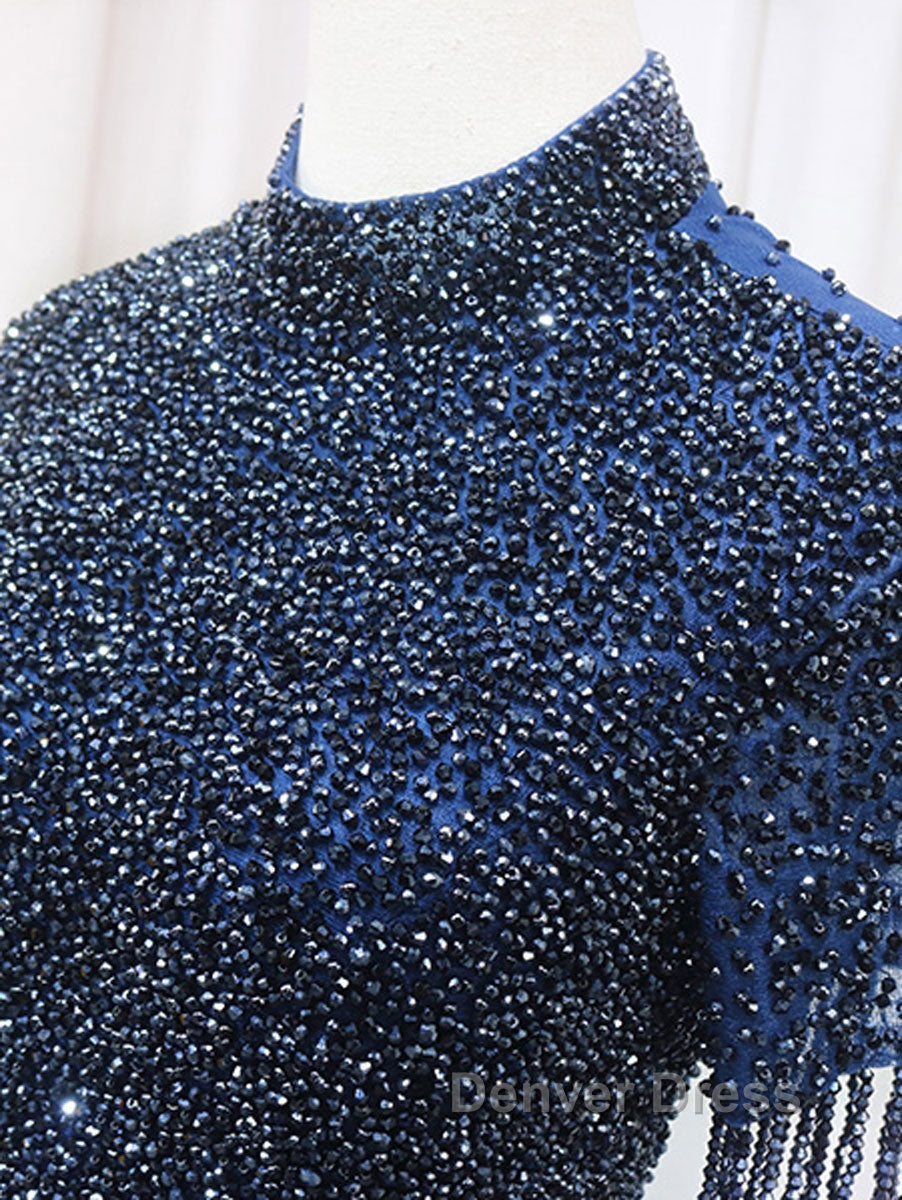 A Line Tulle Blue Long Prom Dress, Blue Prom Dresses with Beading