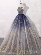 A-Line Tulle Blue Long Prom Dresses, Blue Tulle Long Evening Dresses