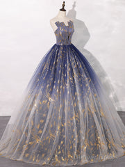A-Line Tulle Blue Long Prom Dress, Blue Tulle Long Evening Dresses