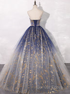 A-Line Tulle Blue Long Prom Dresses, Blue Tulle Long Evening Dresses