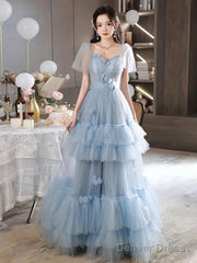 A-Line Tulle Blue Long Prom Dress, Blue Tulle Long Evening Formal Dress