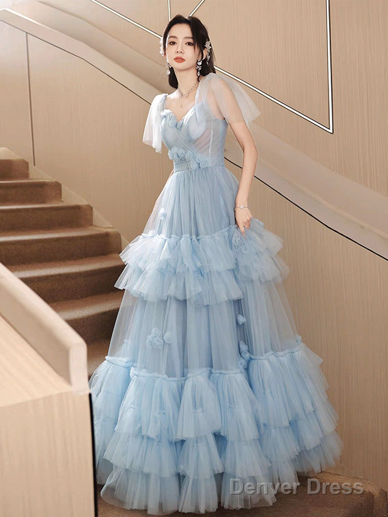 A-Line Tulle Blue Long Prom Dress, Blue Tulle Long Evening Formal Dress Main image