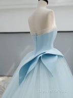 A-Line Tulle Blue Long Prom Dresses, Blue Tulle Long Formal Dresses
