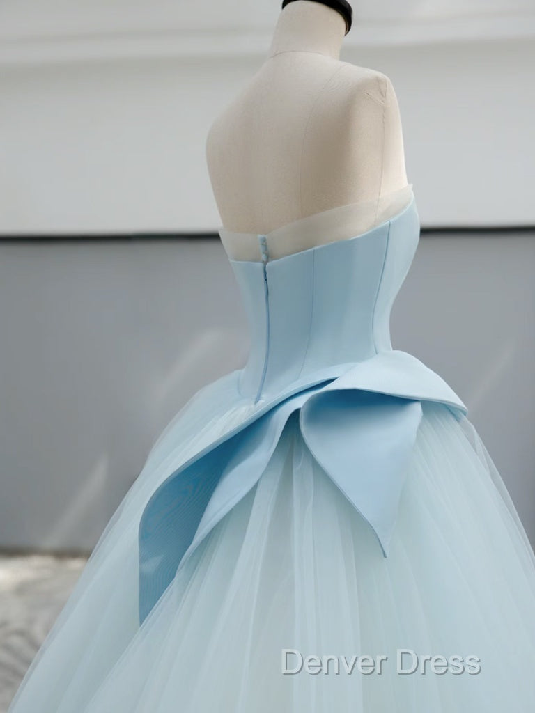 A-Line Tulle Blue Long Prom Dresses, Blue Tulle Long Formal Dresses
