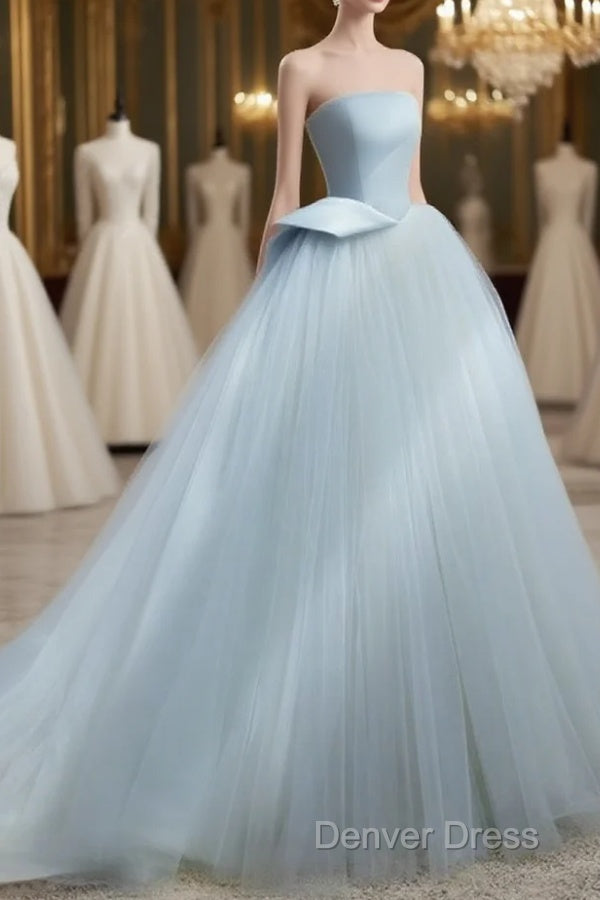 A-Line Tulle Blue Long Prom Dresses, Blue Tulle Long Formal Dresses Main image