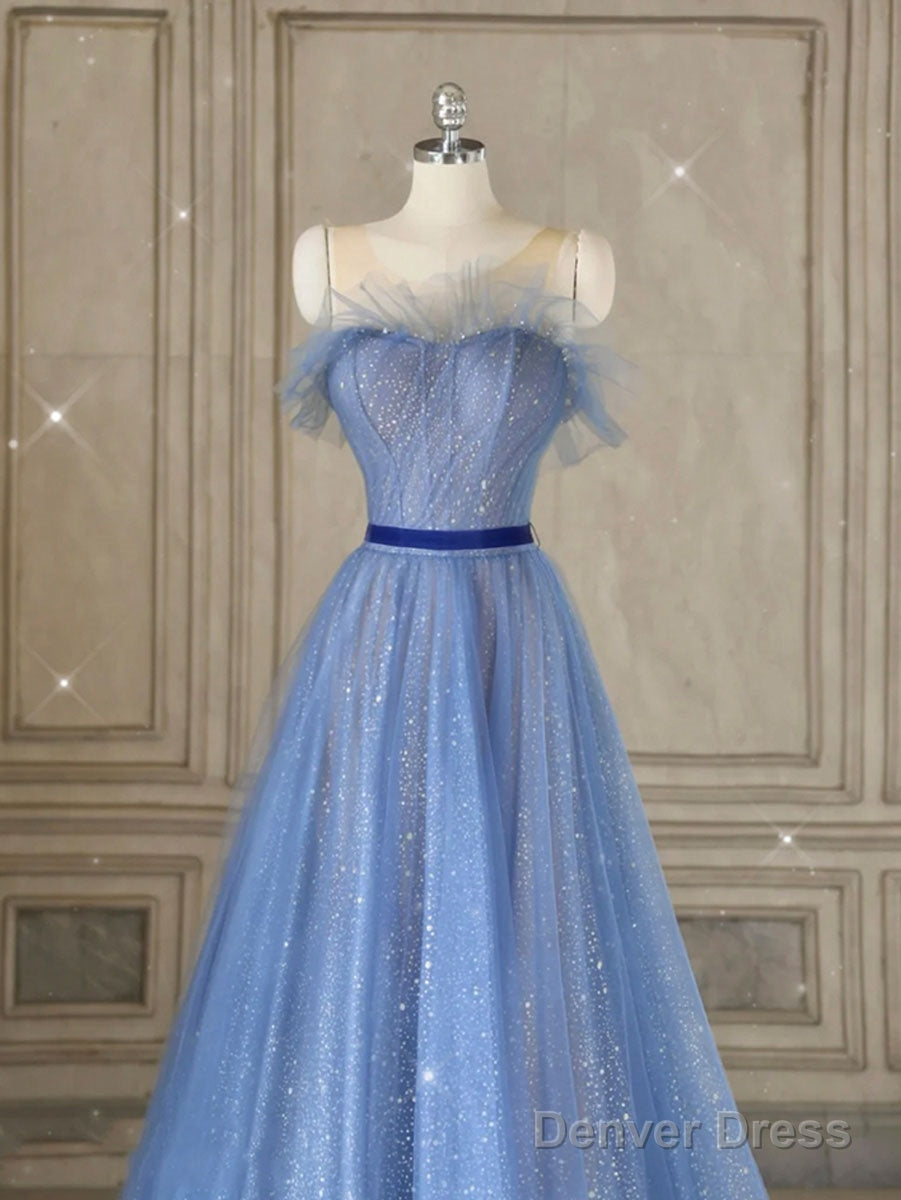 A-Line Tulle Blue Long Prom Dresses, Blue Tulle Formal Dresses