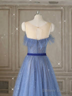 A-Line Tulle Blue Long Prom Dresses, Blue Tulle Formal Dresses