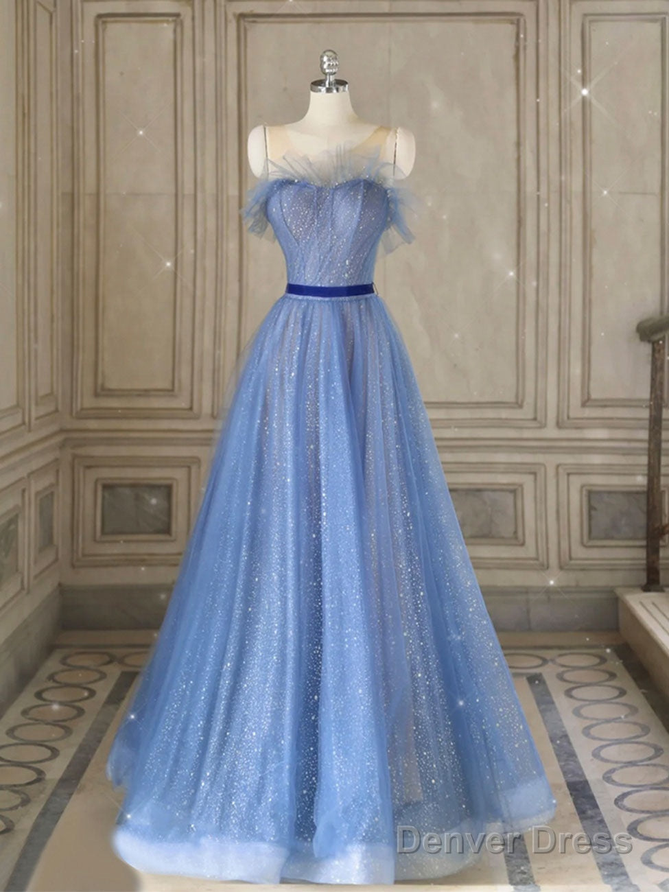 A-Line Tulle Blue Long Prom Dresses, Blue Tulle Formal Dresses Main image