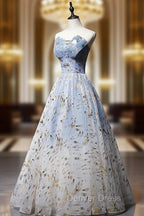 A-Line Tulle Blue Long Prom Dresses, Blue Tulle Formal Graduation Dresses