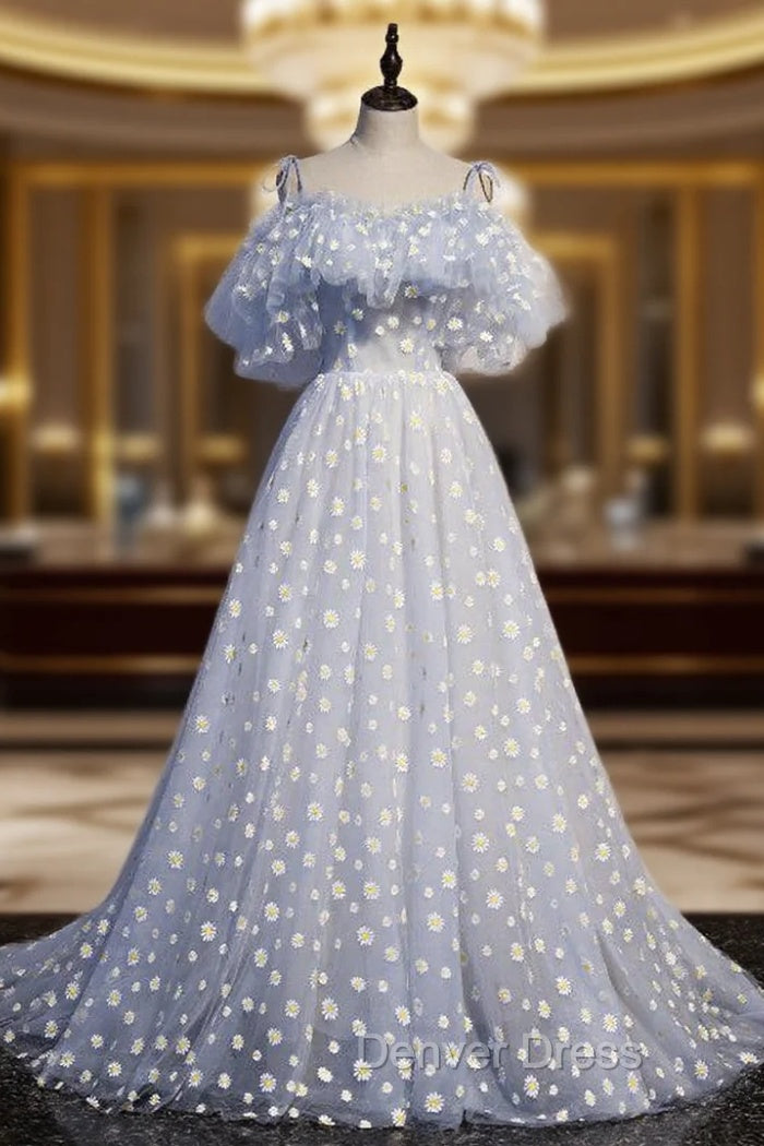 A-line Tulle Blue Off Shoulder Prom Dresses, Long Evening Dresses Party Dresses