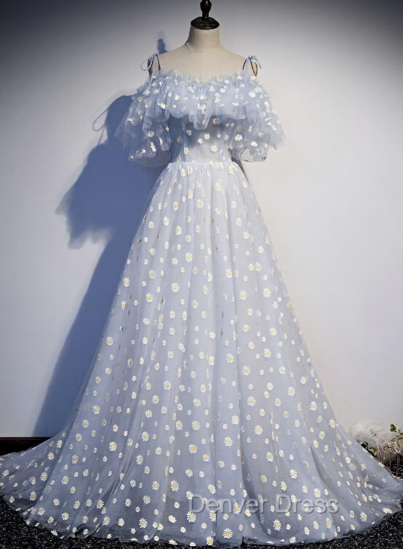 A Line Tulle Blue Off Shoulder Prom Dress, Long Prom Dress