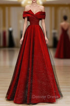 A-Line Tulle Burgundy Long Prom Dresses, Burgundy Formal Dresses