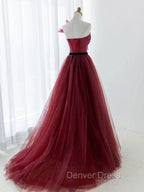 A-Line Tulle Burgundy Long Prom Dresses, Burgundy Formal Evening Dresses