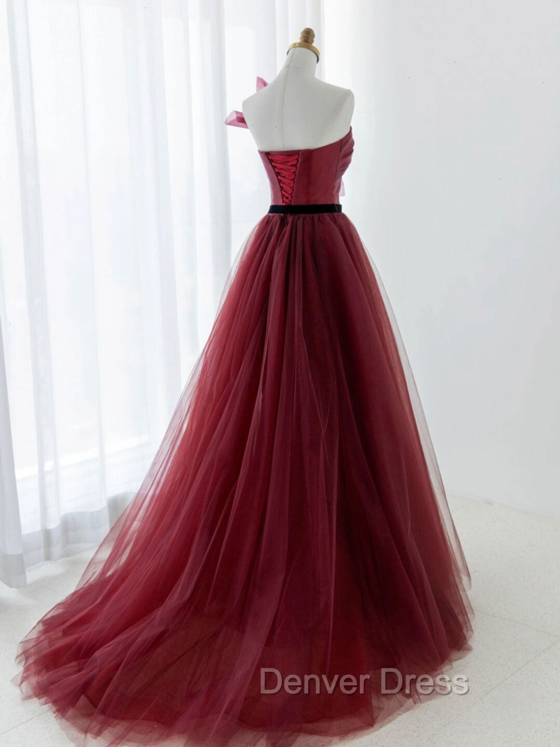 A-Line Tulle Burgundy Long Prom Dresses, Burgundy Formal Evening Dresses