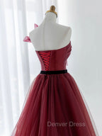 A-Line Tulle Burgundy Long Prom Dresses, Burgundy Formal Evening Dresses