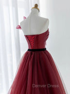 A Line Tulle Burgundy Long Prom Dress, Burgundy Prom Dresses