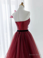 A-Line Tulle Burgundy Long Prom Dress, Burgundy Formal Evening Dress