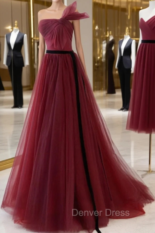 A-Line Tulle Burgundy Long Prom Dresses, Burgundy Formal Evening Dresses Main image