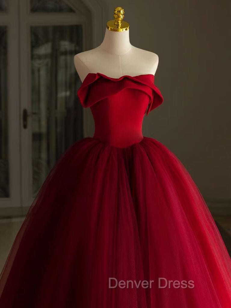 A-Line Tulle Burgundy Long Prom Dresses, Burgundy Long Formal Dresses Secondary image