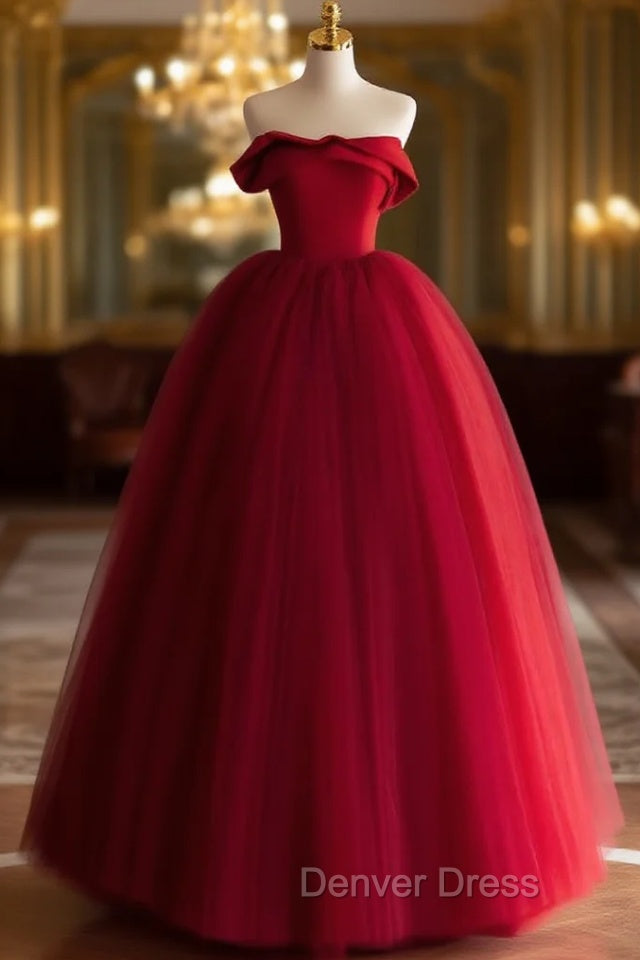 A-Line Tulle Burgundy Long Prom Dresses, Burgundy Long Formal Dresses Main image