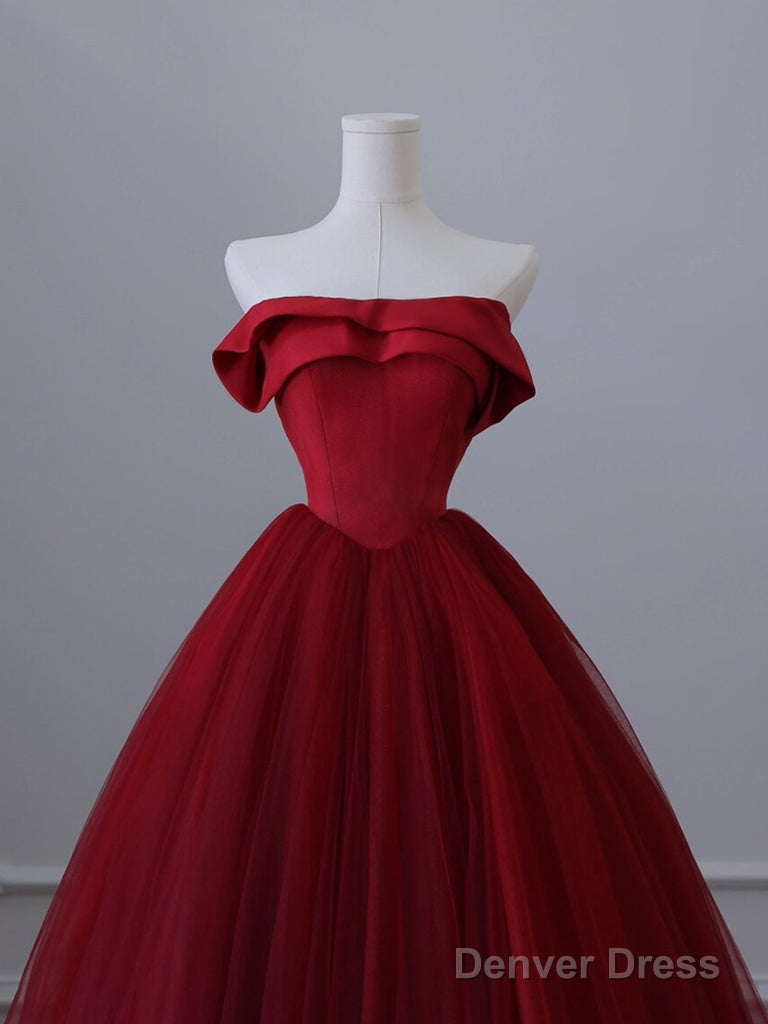 A-Line Tulle Burgundy Long Prom Dress, Burgundy Tulle Long Formal Dress Secondary image
