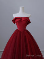 A-Line Tulle Burgundy Long Prom Dress, Burgundy Tulle Long Formal Dress