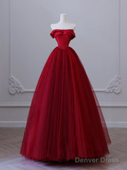 A-Line Tulle Burgundy Long Prom Dress, Burgundy Tulle Long Formal Dress