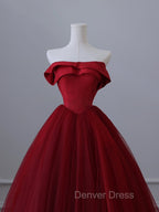 A-Line Tulle Burgundy Long Prom Dresses, Tulle Burgundy Long Formal Dresses