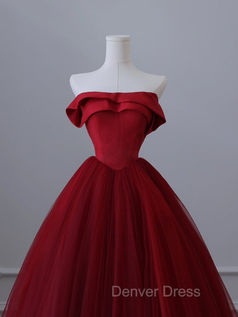 A-Line Tulle Burgundy Long Prom Dresses, Tulle Burgundy Long Formal Dresses