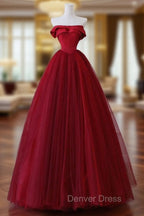A-Line Tulle Burgundy Long Prom Dresses, Tulle Burgundy Long Formal Dresses