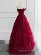 A-Line Tulle Burgundy Long Prom Dresses, Tulle Long Formal Dresses