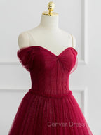 A-Line Tulle Burgundy Long Prom Dresses, Tulle Long Formal Dresses