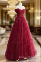 A-Line Tulle Burgundy Long Prom Dresses, Tulle Long Formal Dresses