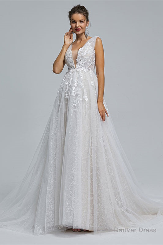 A-Line Tulle Dark V-Neck Decal Shiny Long Prom Dresses Main image