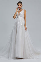 A Line Tulle Dark V Neck Decal Shiny Long Prom Dresses
