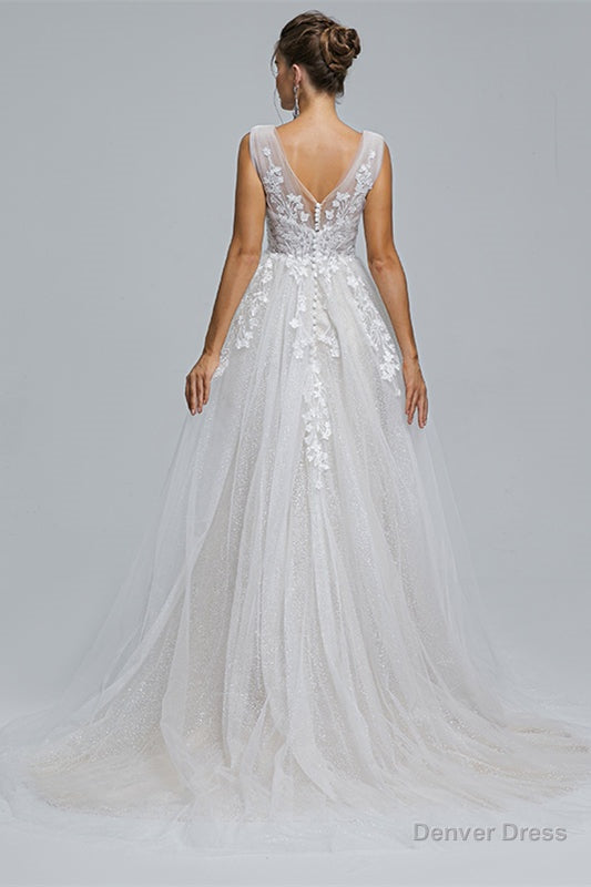 A-Line Tulle Dark V-Neck Decal Shiny Long Prom Dresses Secondary image