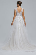 A Line Tulle Dark V Neck Decal Shiny Long Prom Dresses
