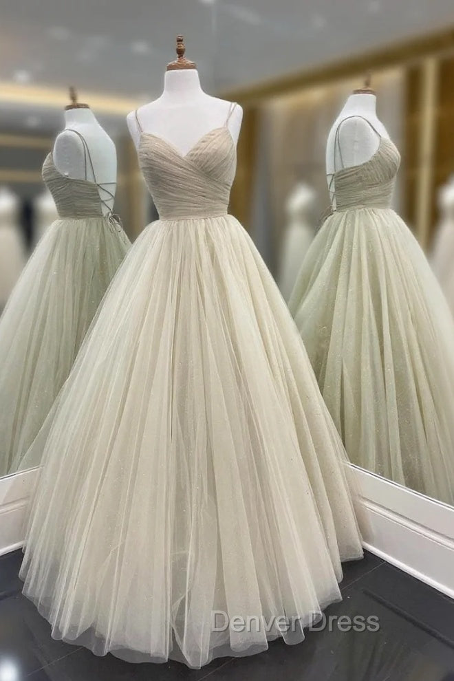 A Line Tulle Floor Length Prom Dress, Spaghetti Strap Prom Dresses