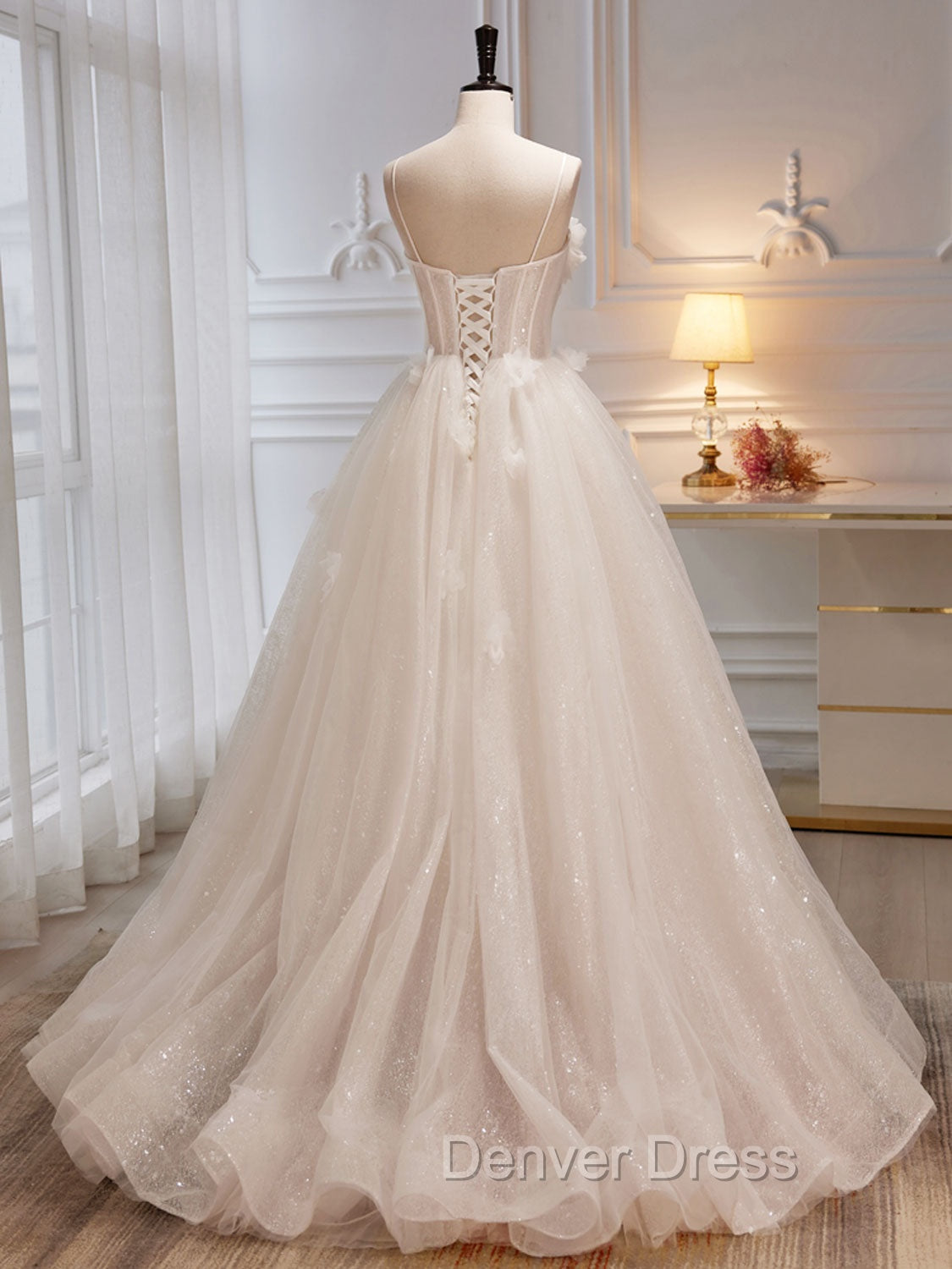 A-Line Tulle Flower Light Champagne Long Prom Dresses, Shiny Formal Dresses Secondary image