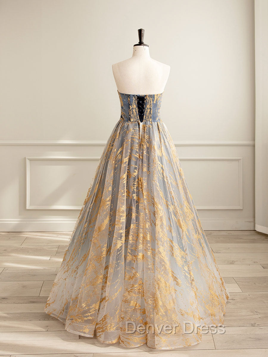 A-Line Tulle Gold/Blue Long Prom Dresses, Blue Formal Evening Dresses