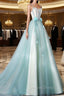 A-Line Tulle Green Long Prom Dresses, Green Graduation Dresses with Sweep Train
