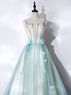 A Line Tulle Green Long Prom Dress, Green Graduation Dresses with Sweep Train