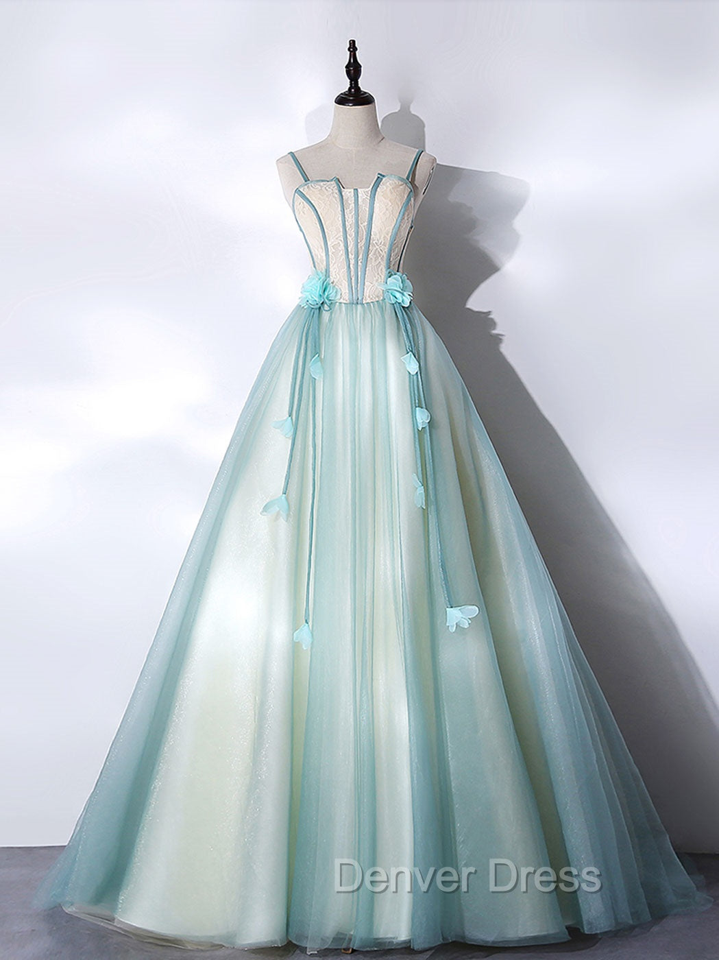 A-Line Tulle Green Long Prom Dresses, Green Graduation Dresses with Sweep Train Main image