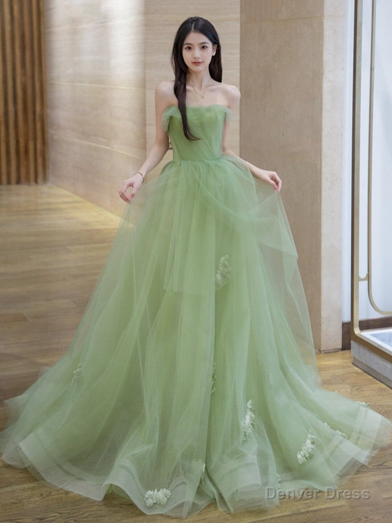 A-Line Tulle Green Long Prom Dress, Green Long Formal Dress Main image