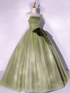 A Line Tulle Green Long Prom Dresses, Green Tulle Evening Party Dresses