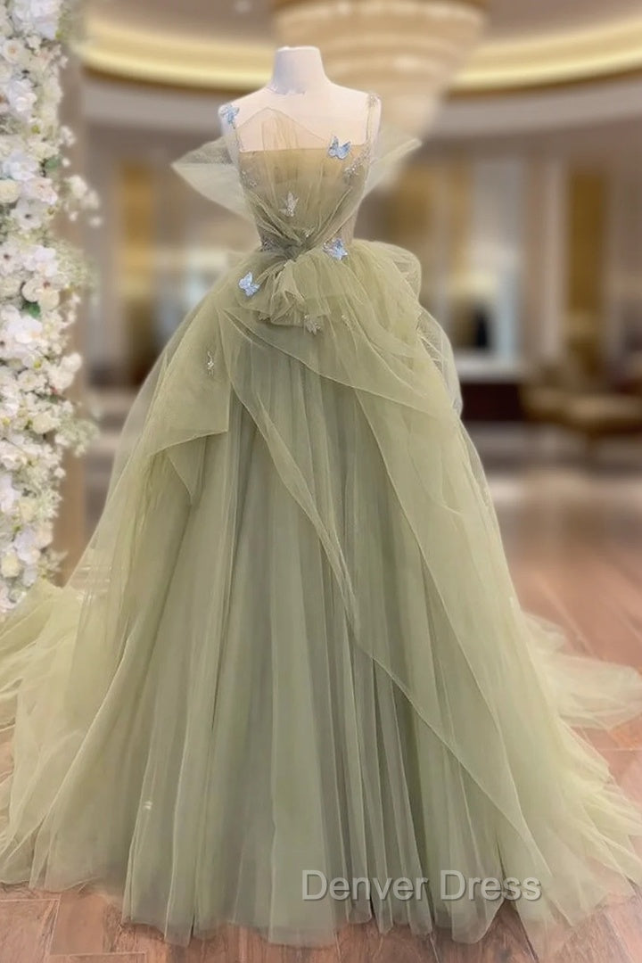 A Line Tulle Green Long Prom Dress, Green Tulle Long Sweet 16 Dresses