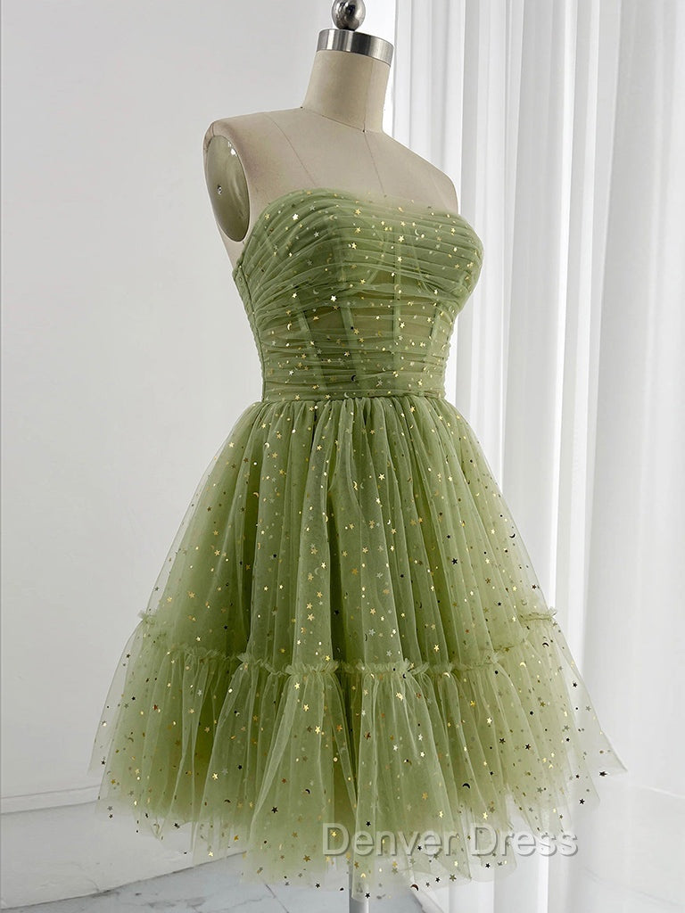 A-Line Tulle Green Short Prom Dresses, Cute Green Homecoming Dresses