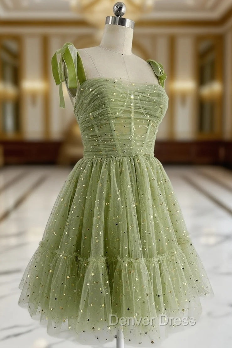 A-Line Tulle Green Short Prom Dresses, Cute Green Homecoming Dresses