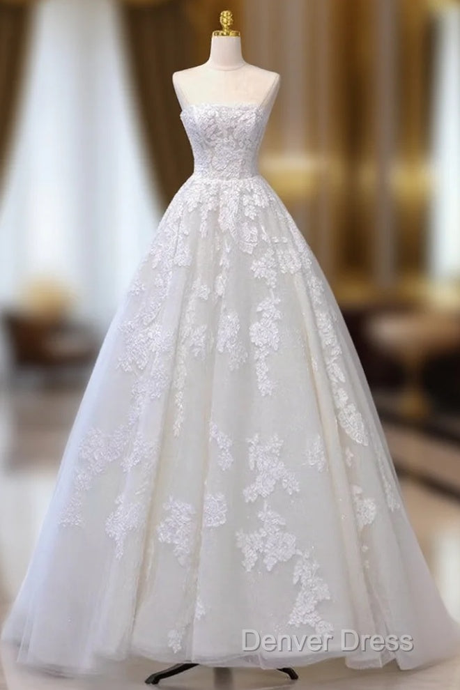 A-Line Tulle Lace Beige Long Prom Dresses, Beige Long Formal Dresses Main image