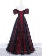 A Line Tulle Lace Black burgundy Long Prom Dress, Black Burgundy Long Prom Dresses